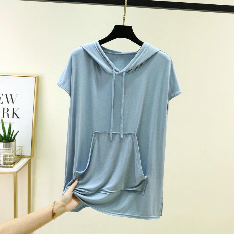 Women's Hooded Short Sleeve Tee Loose Casual Modal Knit Top Summer Daily Pocket Pullover