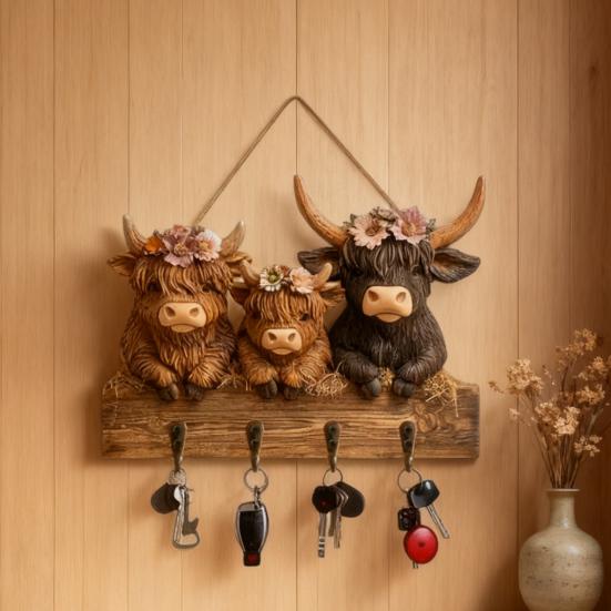 Highland Cow Ornamente Schlüsselhalter Wandmontiert Rustikaler Holzschlüsselhalter mit 4 Haken Kuh Wanddekoratives Regal für Eingangsbereich Flur Bauernhaus