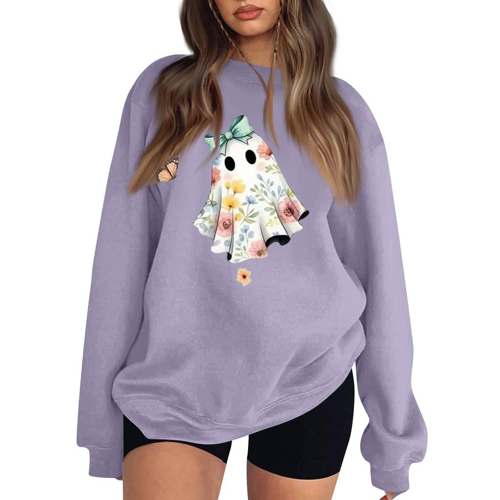 Women's Color Long Sleeve Neck Sweatshirt with Halloween Print Casual Loose Fit Pullover Top