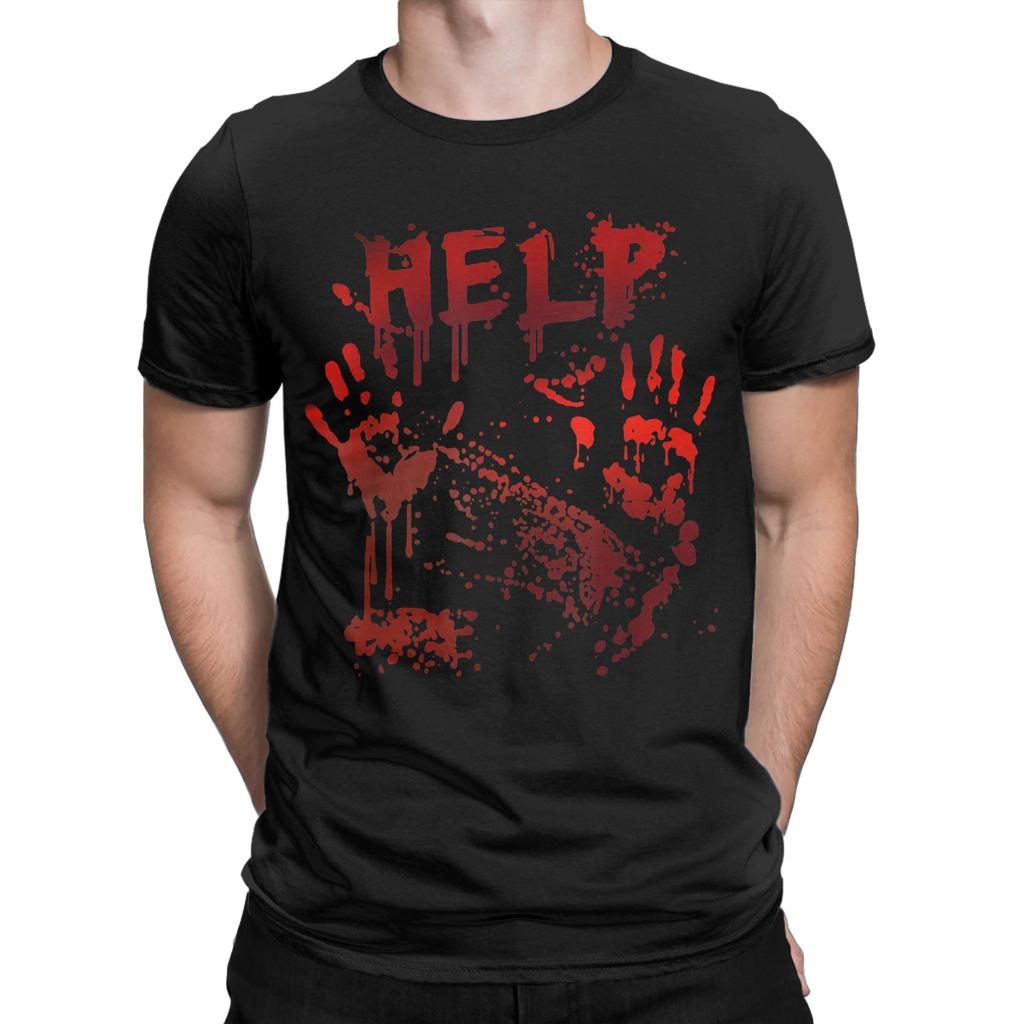 Bloody Hands Help Handprint Halloween T Shirt Men's Cotton Unique T-Shirt Crewneck Horror Tees Short Sleeve merchandise Classic
