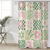 Floral Checkered High Quality Polyester Shower Curtain with Hooks - Pink & Green Cartoon Flower Design, No-Drill Installation