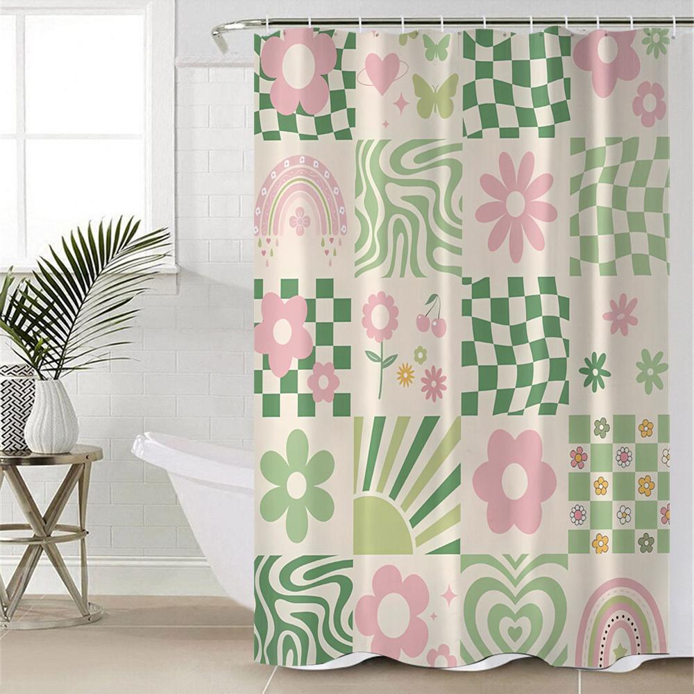 Floral Checkered High Quality Polyester Shower Curtain with Hooks - Pink & Green Cartoon Flower Design, No-Drill Installation