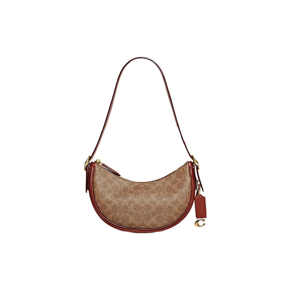 Coach Women's Brown Luna 27 Classic Monogram Print Zipper Closure Inside Snap Pocket Leather Tote Shoulder Bag Large Bags Cc440-B4nq4