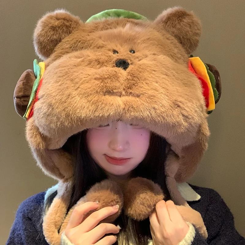 

Cute Cartoon Hamburg Bear Plush Hat Zoo Theme Party Dress-Up Accessories Thickened Autumn Winter Warm Ear-Protecting Hat хакі