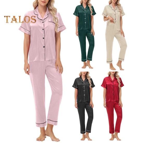 2-teiliges Pyjama-Set aus Satin, einreihig, Eisseide, Übergröße, Strickjacke, V-Ausschnitt, Reverskragen, einfarbiges Hemd, weites Bein, lockere Hose, Nachthemd
