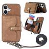 For iPhone 16 Case Zipper Card Holder PU Leather Phone Back Cover with Long Strap