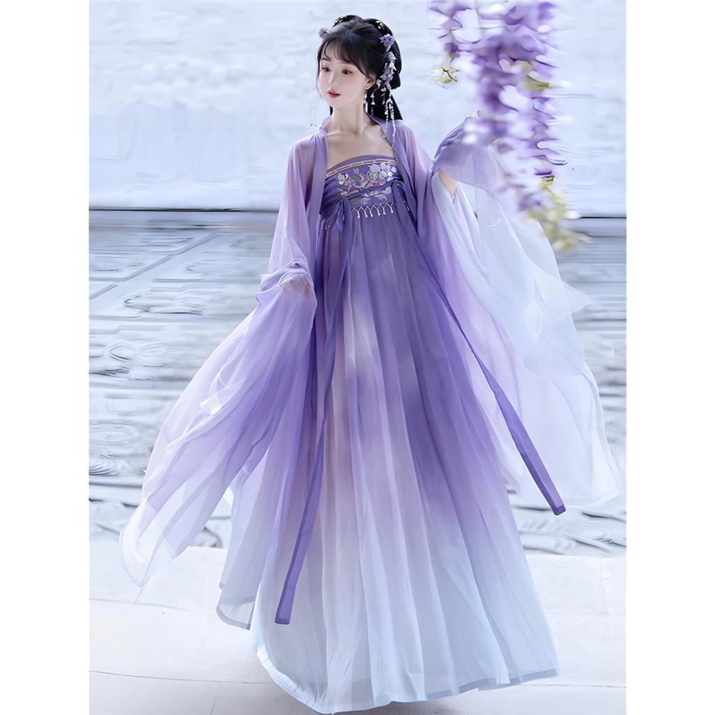 Chinese Tang Dynasty Style Hanfu Cherobalan Skirt Chest-high Embroidered Purple Daily Suit For Women
