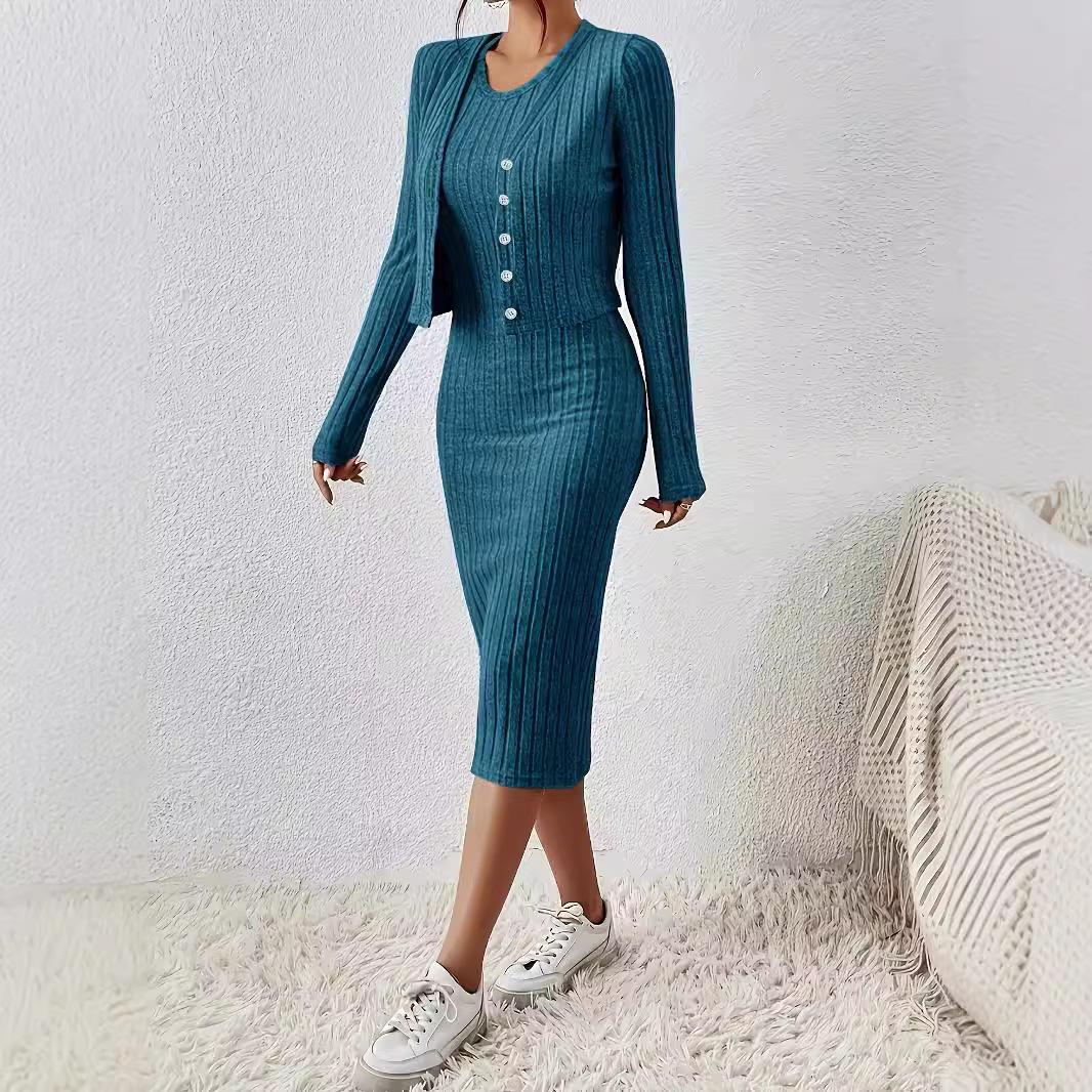 

Женский однотонный короткий топ с пуговицами спереди и облегающее платье S