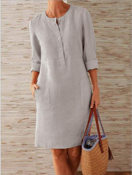 Plus Size Women's Cotton-Linen Long Sleeve Dress with Round Neck
