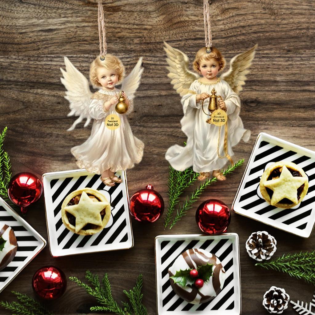 Vintage Angel Wooden Christmas Ornaments Flat 2D Hanging Pendants Little Angel Decor for Xmas Tree New Year Party Decor Supplies