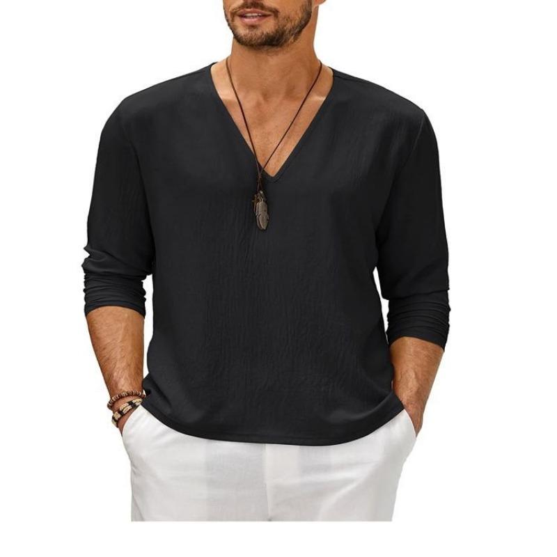 Summer British Men's Solid Color Collage Pullover Long Sleeved Youth Trendy Collar Casual V-neck Men's T-shirt