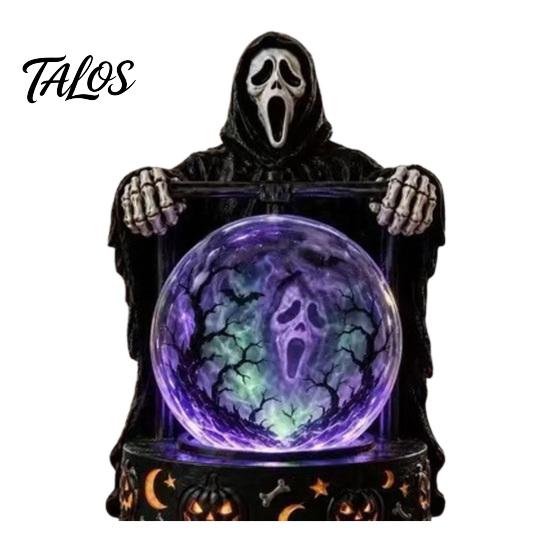 Decorative Window Ornament LED Lighted Halloween Faux Crystal Ball Decoration, Resin Witch/Skeleton/Cat/Ghost Figurine with Led Light Green/Purple