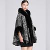 Winter Women's Shawl Cape Fur Collar Jacquard Hooded Large Size Seven-point Sleeves Tweed Jacket Cardigan