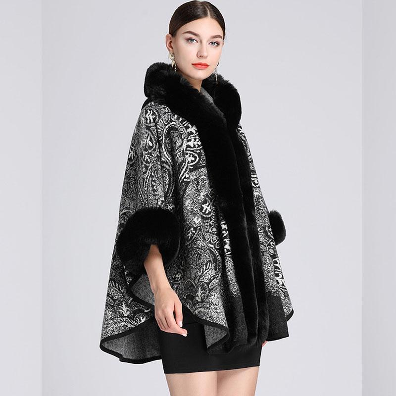 Winter Women's Shawl Cape Fur Collar Jacquard Hooded Large Size Seven-point Sleeves Tweed Jacket Cardigan