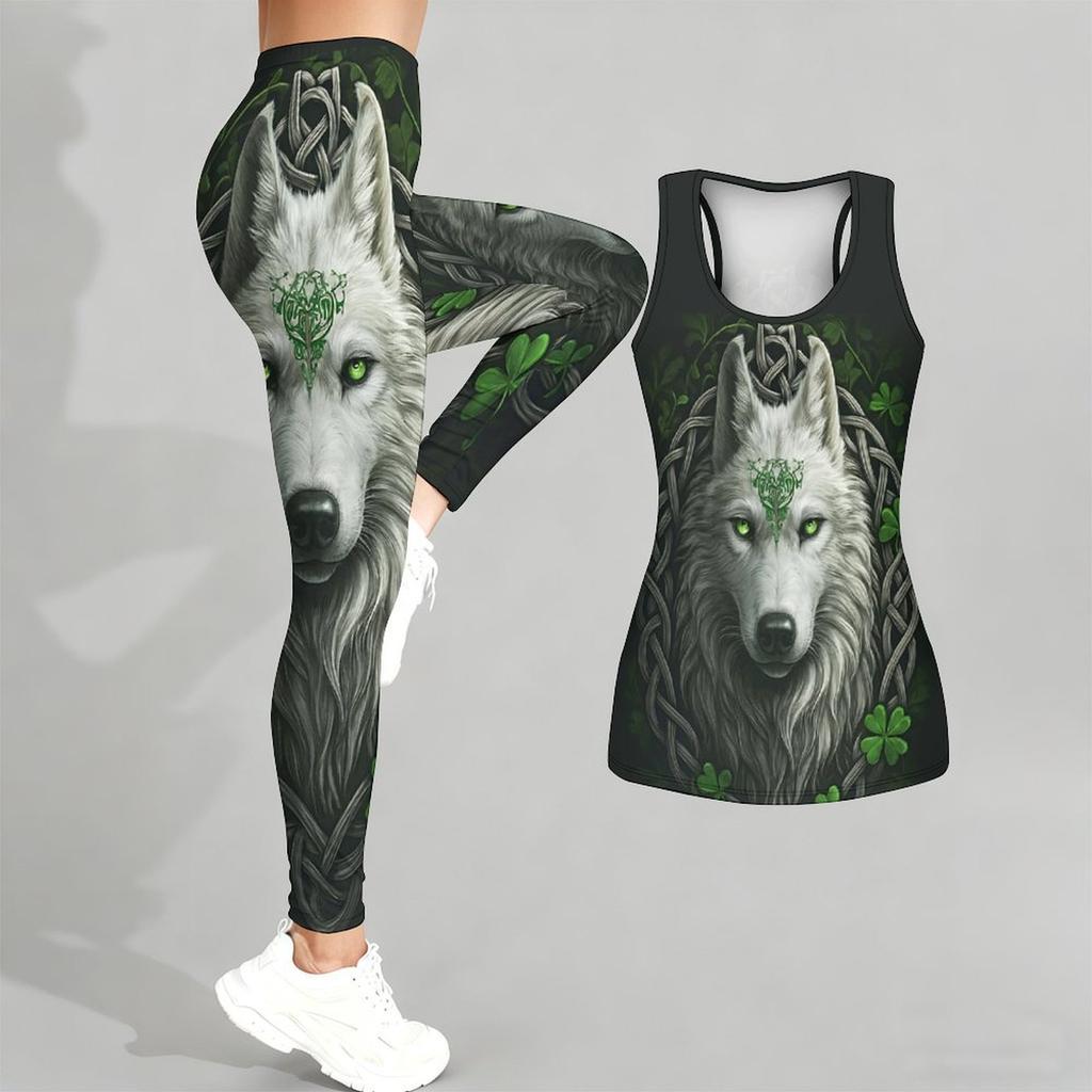 Strong Wolf  Pattern Print Yoga Outfit for Women Fashion Workout Leggings Fitness Sports Casual Yoga Set Sports Suit