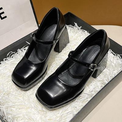 Fashion Designer Square Toes High Heel Pumps for Women Buckle Leather Platform Mary Janes Shoes Female Fashion Spring Autumn Shoe Ladies