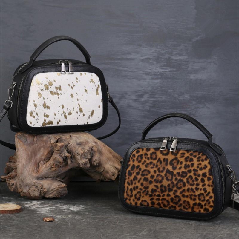 Johnature Fashion Leopard Pattern Women's Bag Genuine Leather Splice Horse Hair Handbag Versatile Shoulder Bags