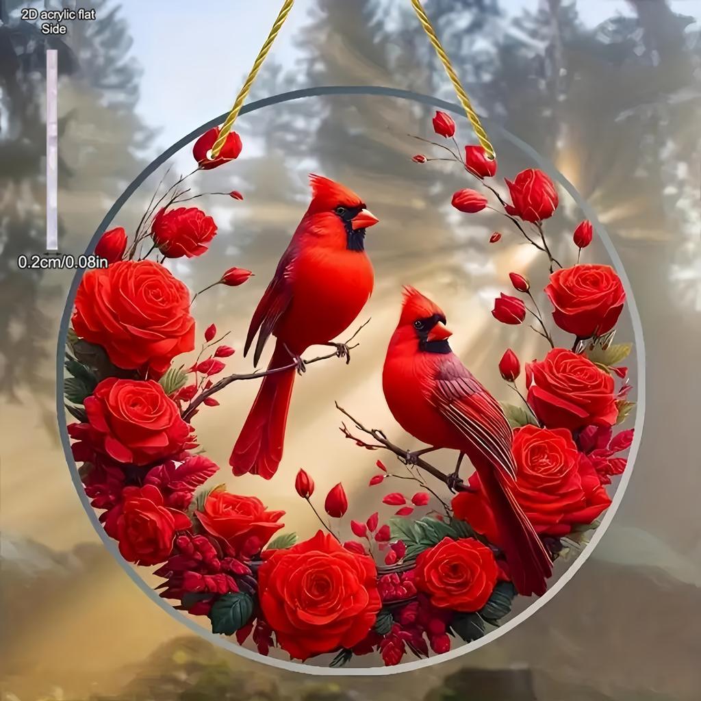 Vibrant Cardinal Bird Sun Catcher - Colorful Dyed Plastic Window Hanging Decoration, Acrylic Circular Sign, Garland Ornament, Four Seasons Decoration