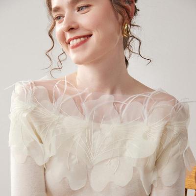 Swan Neck Cashmere Sweater with Hand-Embroidered Flowers: One-Shoulder, Sexy, and Three-Dimensional Feather Design