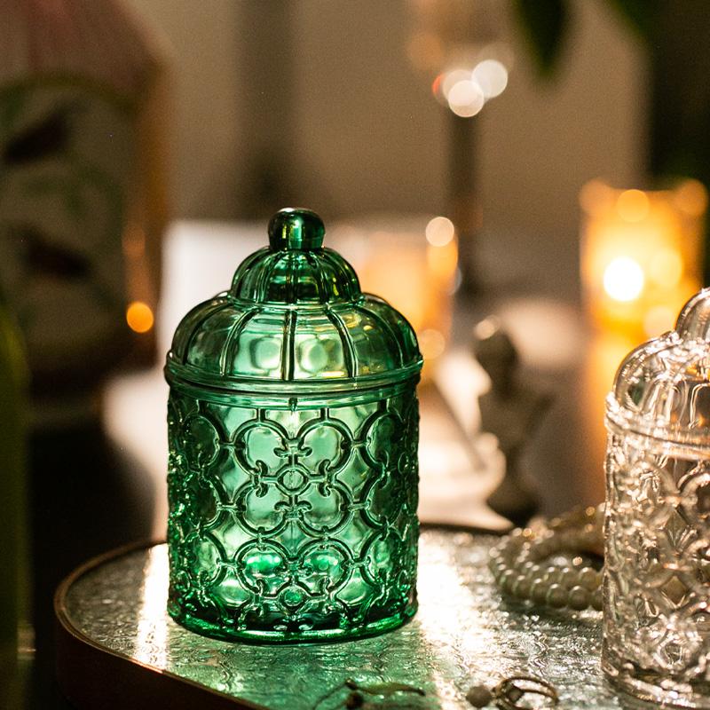 Clear Glass Candy Box Creative Jewelry Cosmetic Jewelry Candle Jar Home Embossed Snack Nuts Storage Jar Kitchen Food Container