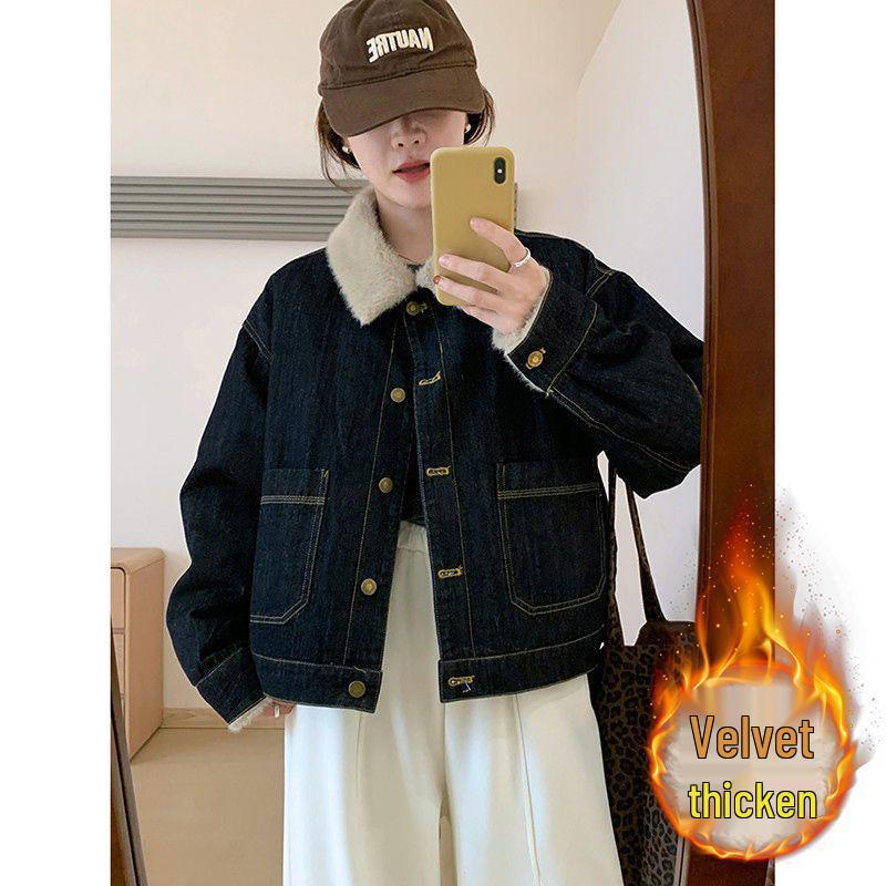 

Женская джинсовая куртка с подкладкой и воротником из натуральной овчины в ретро-стиле, для миниатюрных - Теплое зимнее пальто 2025 S (80-100 catty)