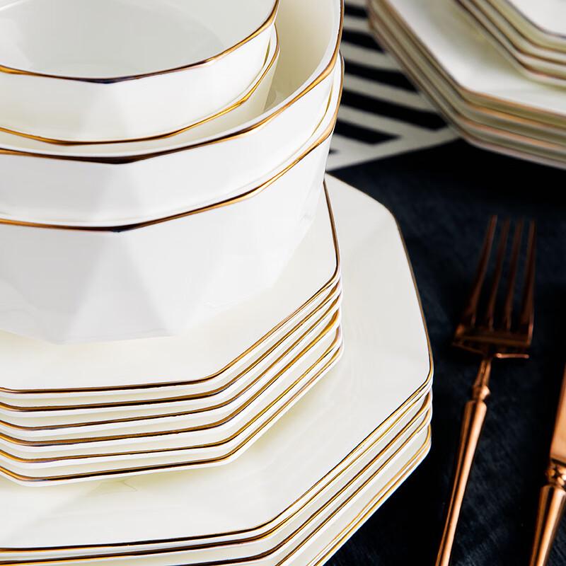 LISM 28-Piece Octagonal Ceramic Dinnerware Set with Gold Rim