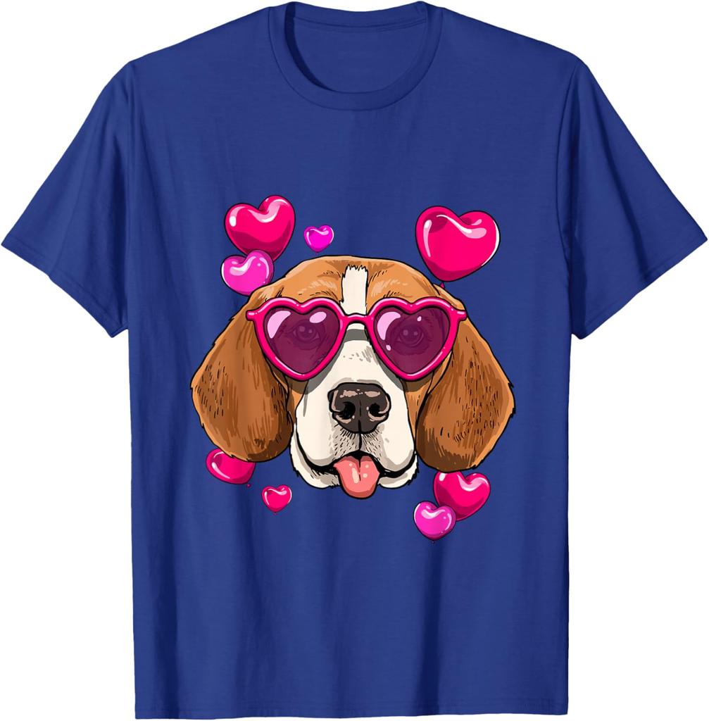 Beagle Heart Sunglasses Valentines Day Dog Lover Graphic Tee Casual Cotton T-Shirt