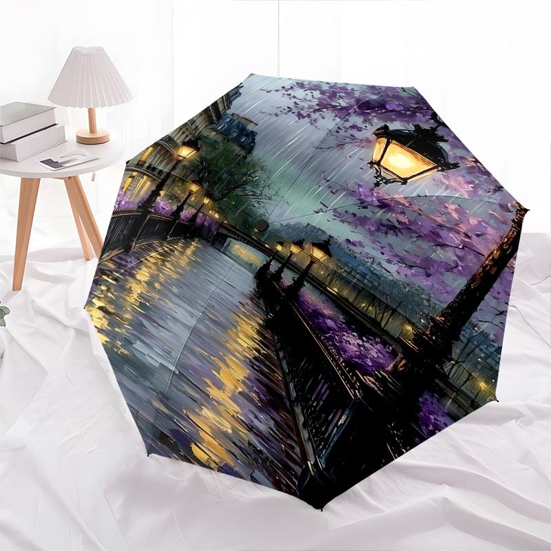 Ombrello Automatico Apri e Chiudi a Tema Fiori Viola del Canale Parigino, Ombrello Portatile Colorato con 8 stecche, Adatto per Uomini e