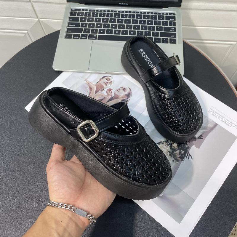 Going Out High-end Thick-soled Woven Hollow and Breathable Bag Head Half Slippers Women's New Summer One-pedal Sandals