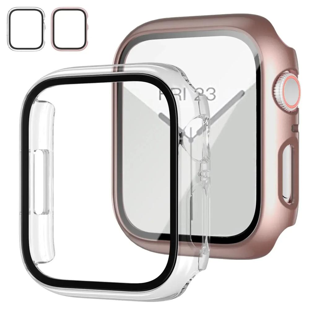 2PCS Tempered Glass+cover For Watch Case 44mm 40mm 42mm 41mm 45mm PC bumper Screen Protector iWatch series 9 8 7 6 5 3 se