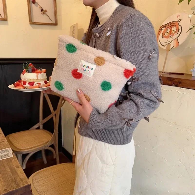 New Colorful Striped Dot Plush Clutch Cosmetic Bag Large Capacity Makeup Pouch Toiletries Bag Travel Outdoor Makeup Storage