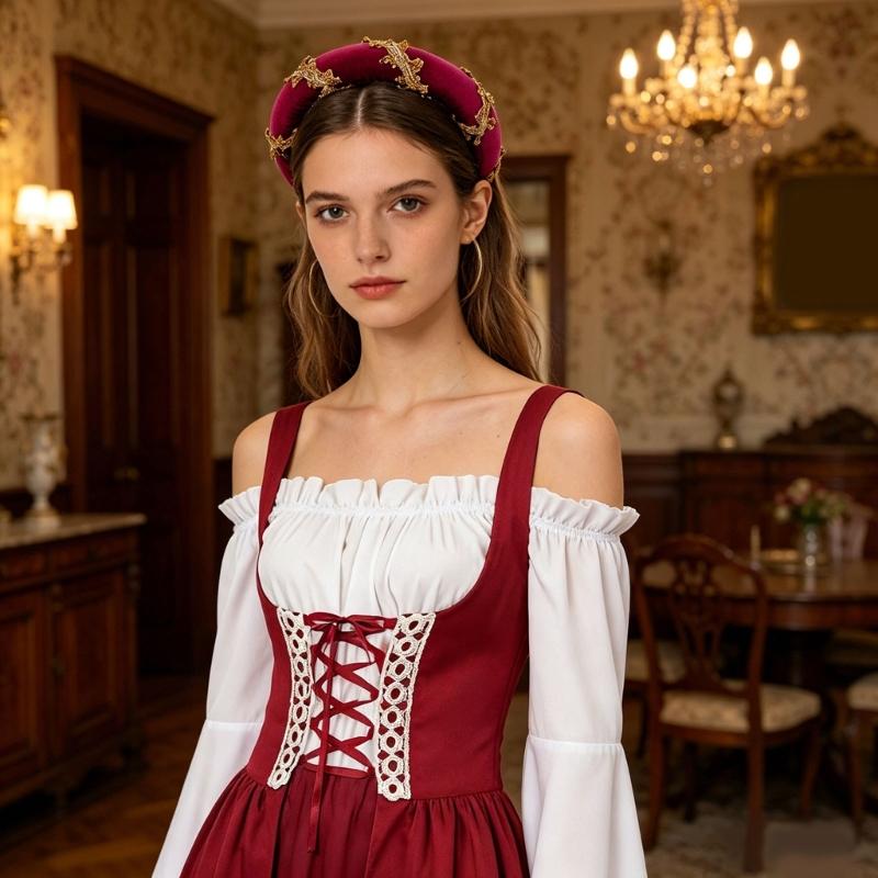 Cappello a cuffia imbottito in velluto rinascimentale con delicato bordo dorato per costumi medievali e rappresentazioni teatrali