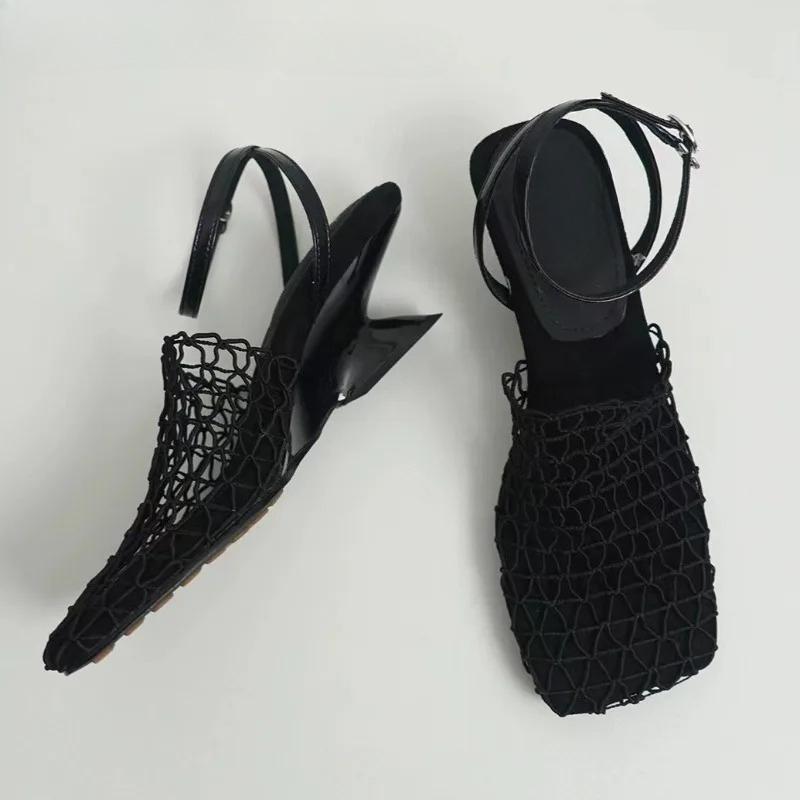 Weave Mesh Women Heeled Sandals Gladiator Hollow High Heels Shoes 2026 Summer Square Toe Slingback Trend Beach Vacation Footwear