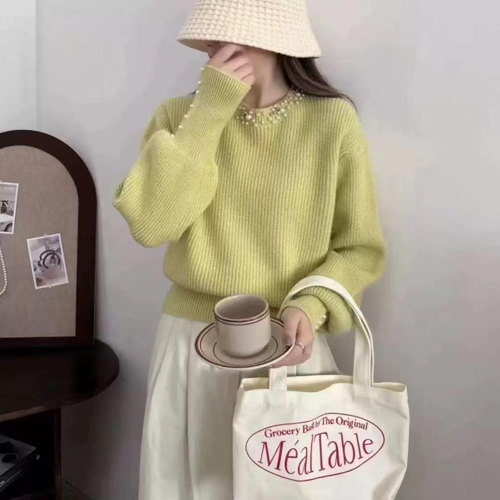 2025 Autumn/Winter Women's Beaded Round Neck Loose Warm Sweater
