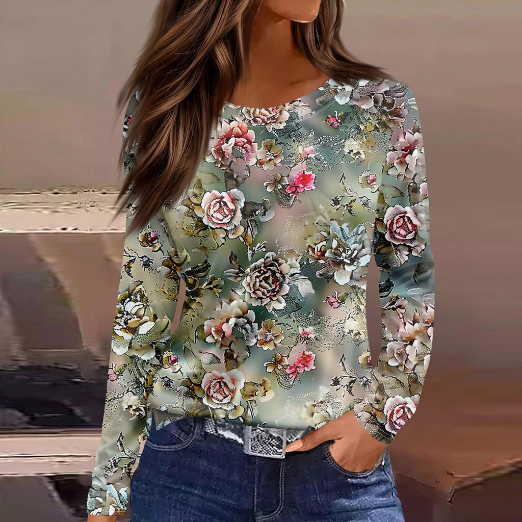 Women's T-shirt 3D Printing Gradient Floral Print Fashion Long Sleeve Round Neck Regular Tops Holiday Weekend Spring and Autumn