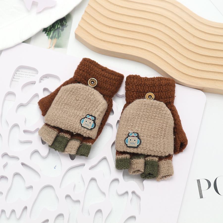 Children's Cute Cartoon Flip-Gloves: Cold-Proof, Half-Finger Winter Writing Warmth for Boys and Girls
