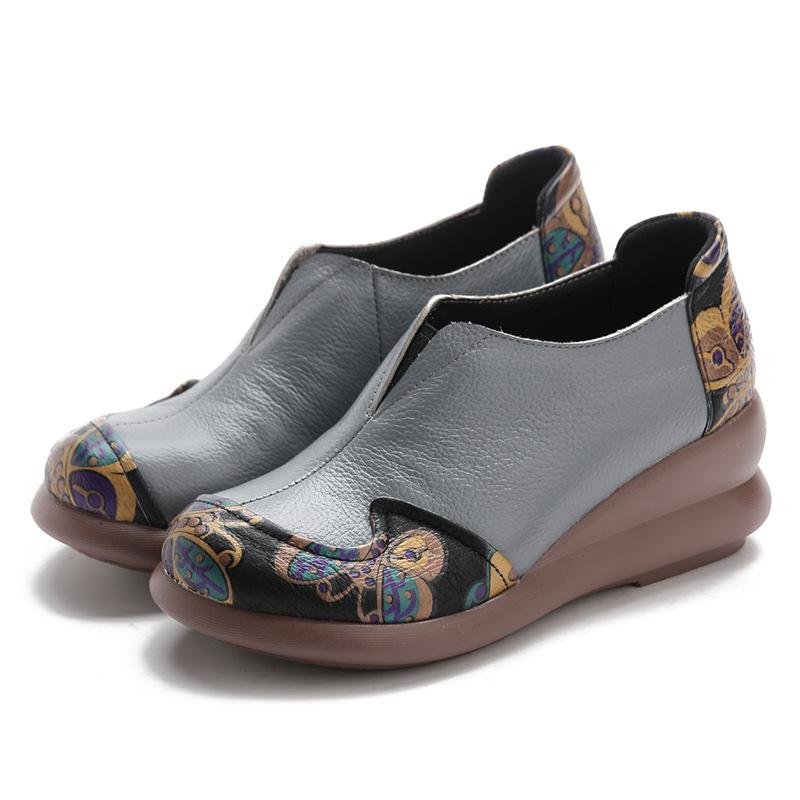 New Spring Style Sponge Cake Bottom Casual Women's Shoes Ethnic Style Genuine Leather Color-blocking Single Shoes To Increase Height and Comfort