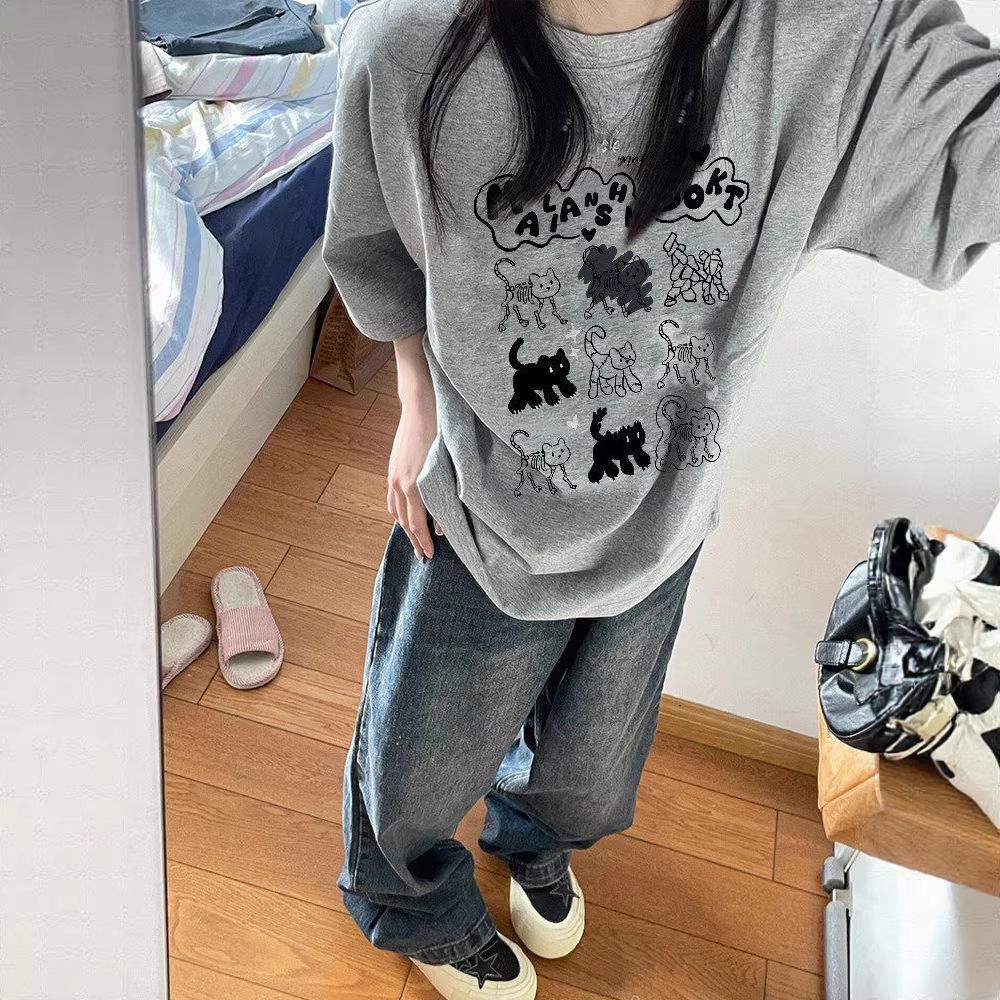 Pure cotton American retro short-sleeved t-shirt women's new popular design sense niche loose large size cartoon trendy top