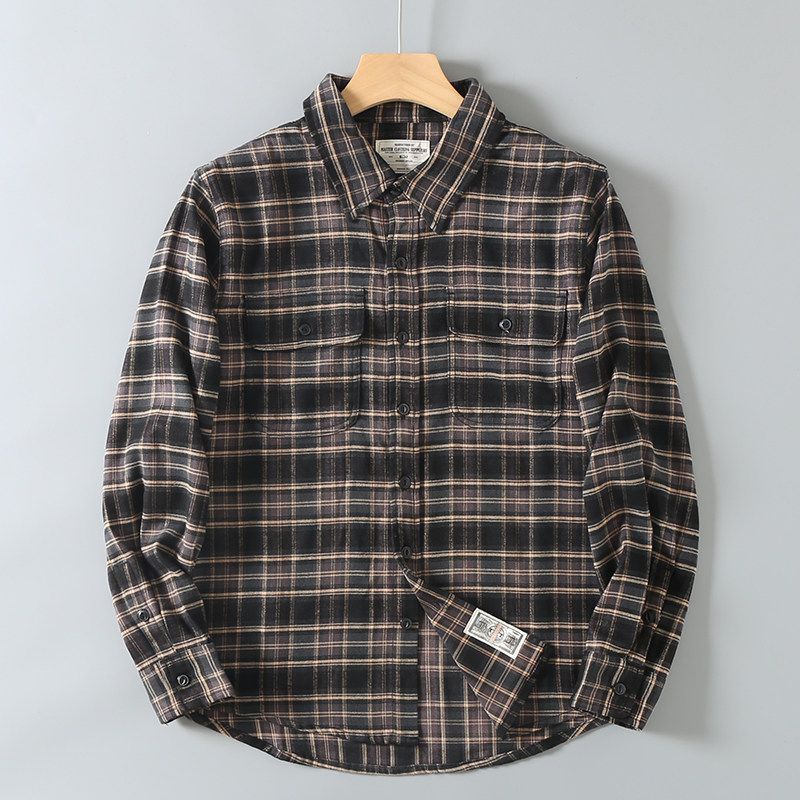 American Retro Brushed Plaid Casual Shirt, Export Cut Label Men's Trendy Workwear Long-Sleeve Shirt Jacket