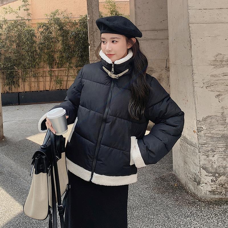 FASHION cotton-paddedvelvet women's 2024 new stand-up collar loose cotton-paddedlamb wool splicing cotton-padded s winterwomen's s Clothes