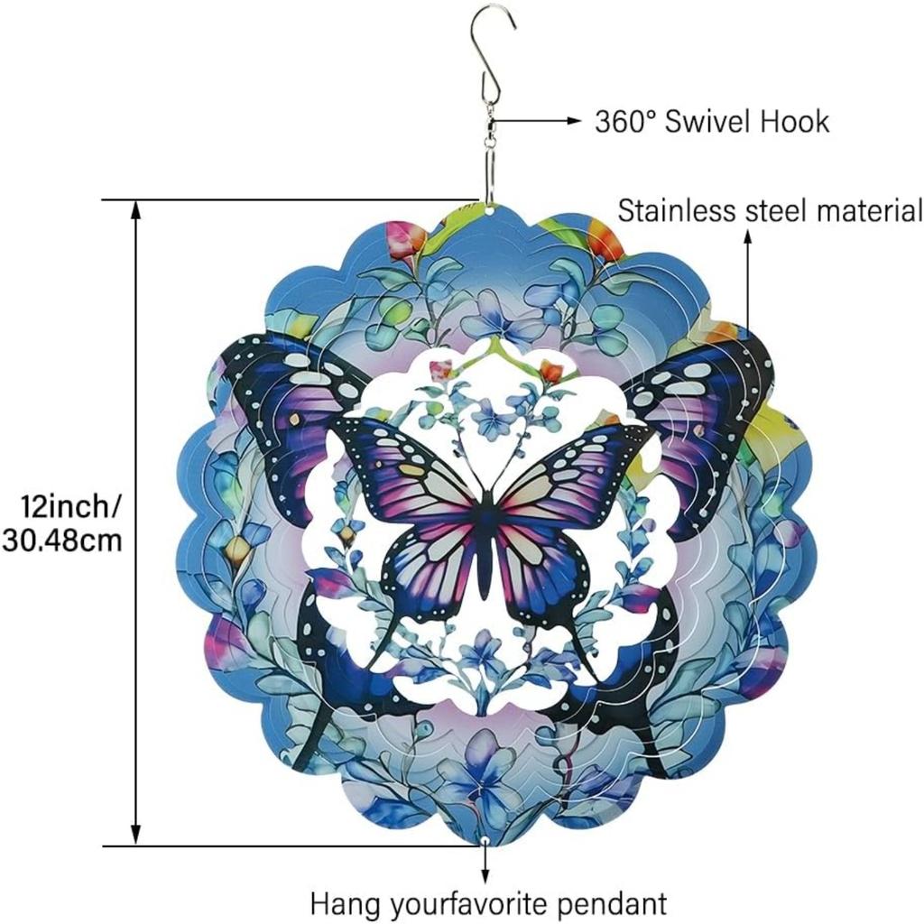 3D-Schmetterlings-Windräder, 12 Zoll Edelstahl Farbverlauf Windrad, Hängende Windskulptur für den Außenbereich Gartendekoration