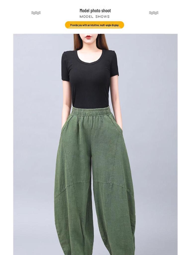 New Retro Cotton Linen Women's Plus Size Tai Chi Harem Pants - Wide Leg Lantern Trousers for Spring, Summer, and Autumn