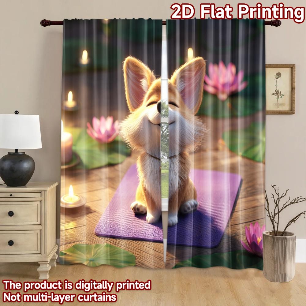 2D flat printing 2pcs Curtain Cute Corgi Yoga Zen Lotus Digital Printed Polyester Drapes Party Decorations Use for Indoor
