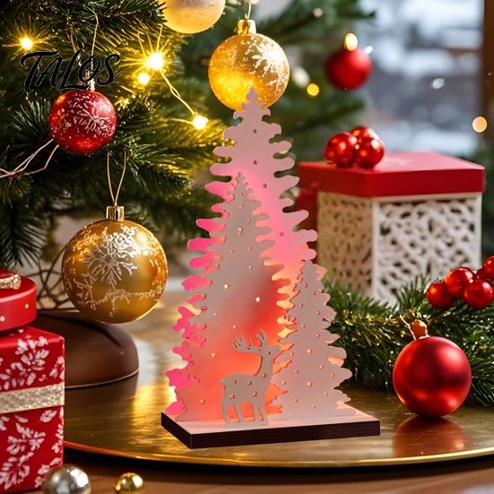 Creative Holiday Gifts Vintage Wooden Christmas Tree, LED Lighted Tabletop Centerpiece Decorations, Festive Home Party Supplies Winter Reindeer