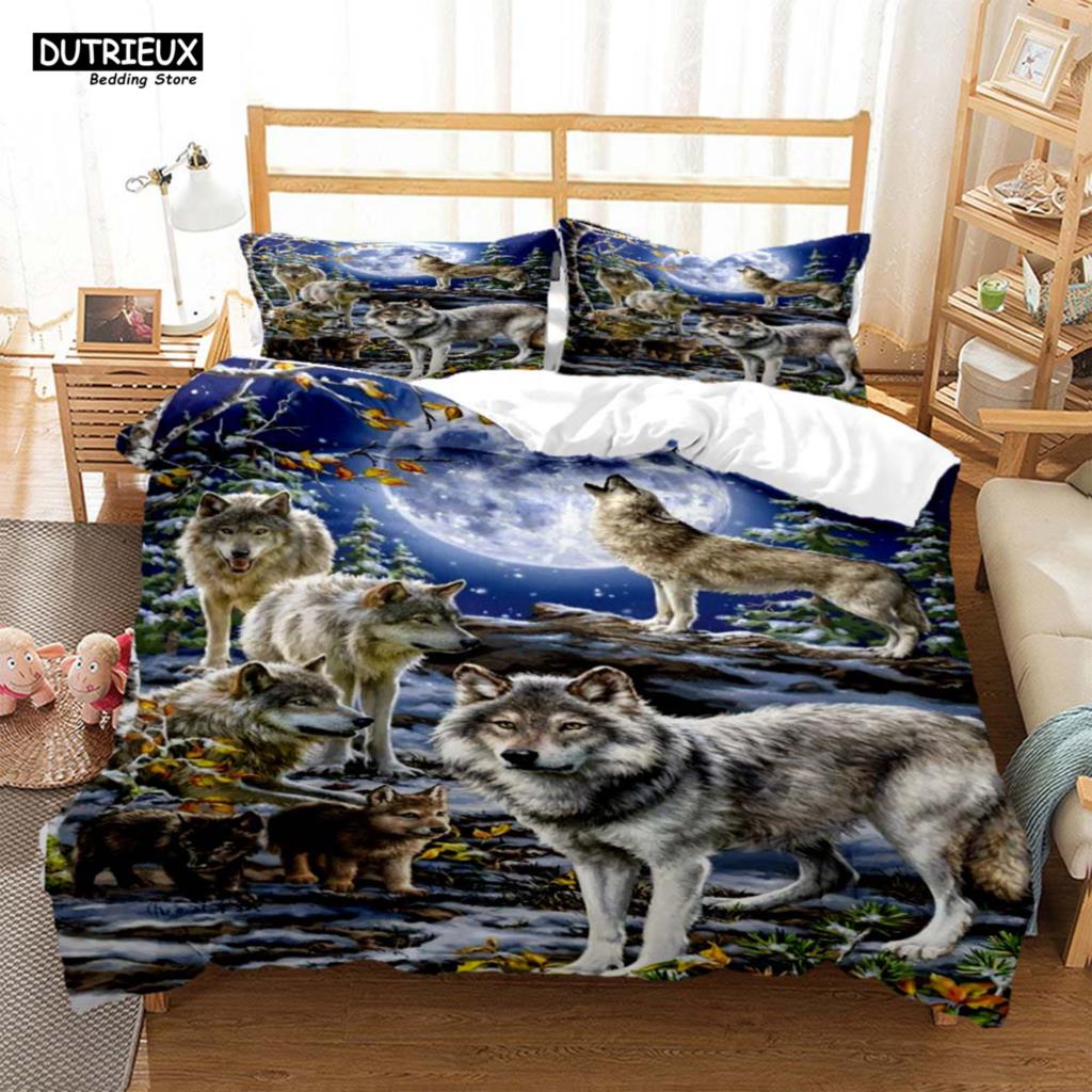 Forest Animal Wolf Printed Polyester Bedding Set Soft And Comfortable Comforter Bedding Sets Complete Size Customizable
