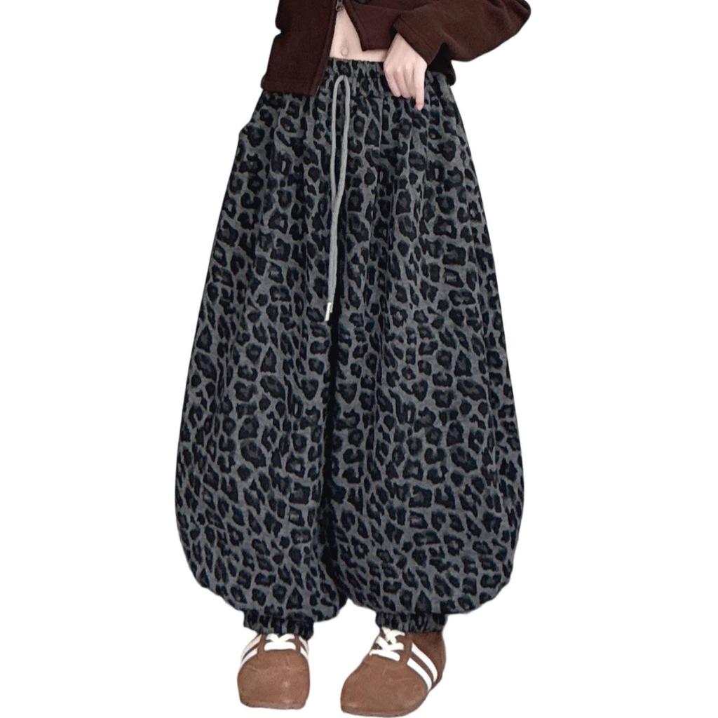 Leopard Print Fleece-Lined Lantern Pants - Korean Style, Thickened Sweatpants for Girls