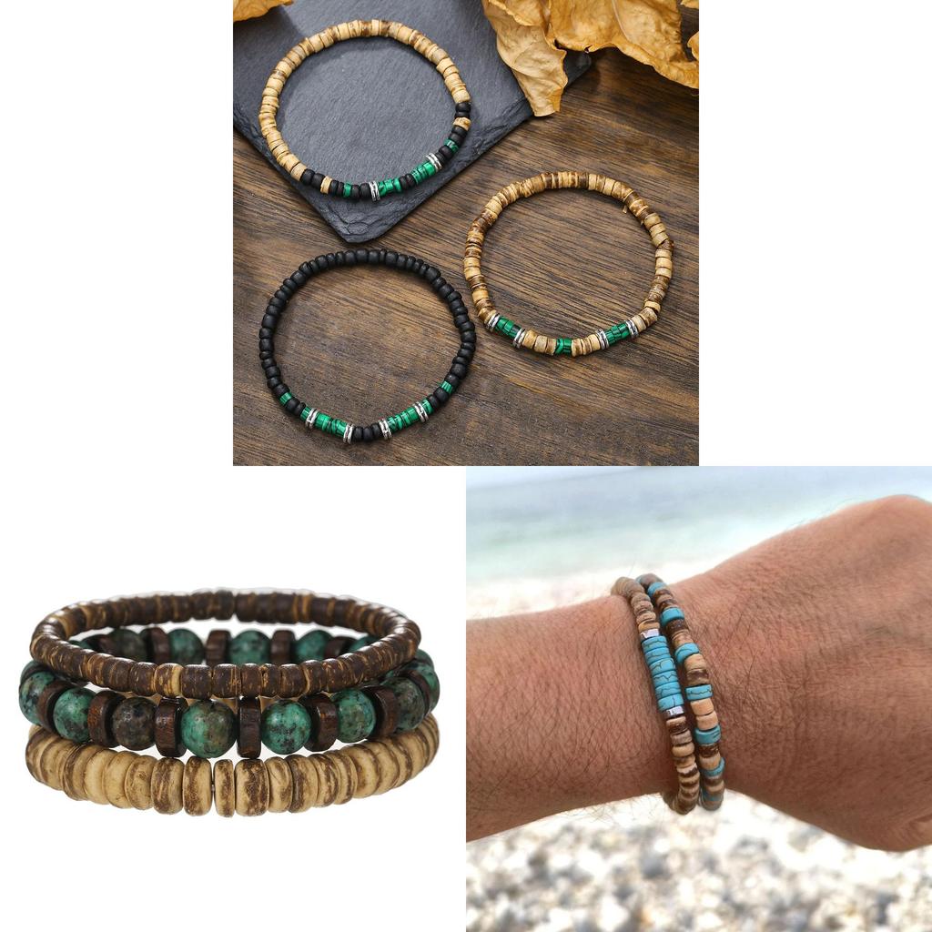 Handgefertigte Geometrische Kokosnussschalen-Perlenarmbänder für Männer und Frauen mit mehrlagigem Design