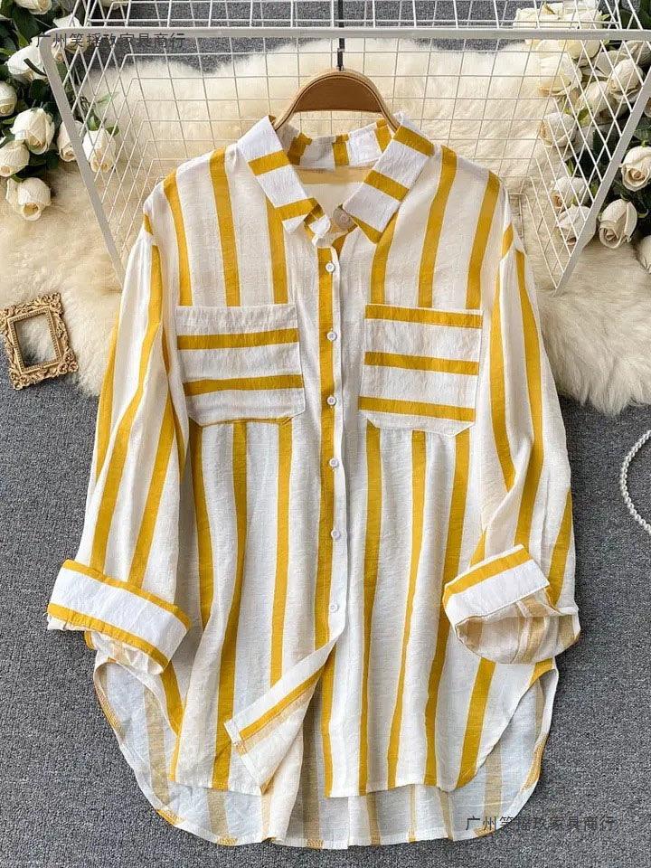 2026 Mittellange Mehrfarbige Vertikal gestreifte Hemdjacke - Damen Koreanischer Stil Lässiges Lockeres Oberteil für Frühling, Sommer und Herbst