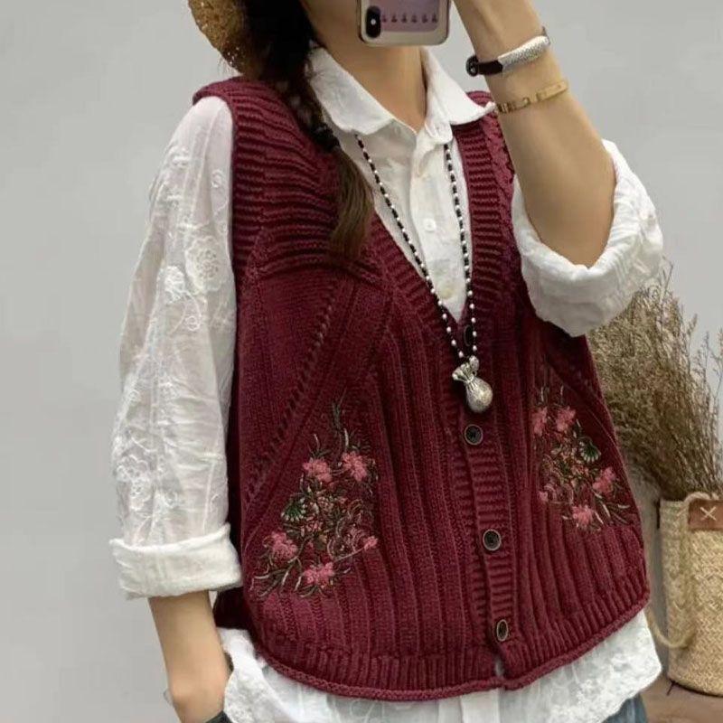 

Вінтажна вишивка В язані жилети Безрукавний кардиган Ґудзики Кишені Весняно-осінні пальта Жилет Дизайн Тренд Жилети XXL червоний