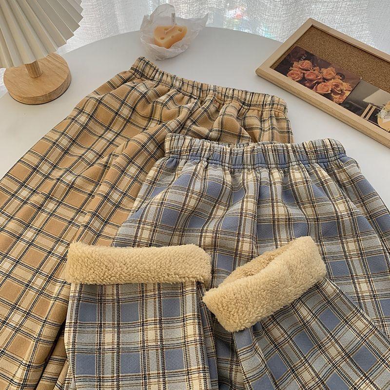 Winter Thick Plaid Pants Women Korean Fashion Warm Loose Wide Leg Trousers Student Y2K Causal High Waist Pants Outwear